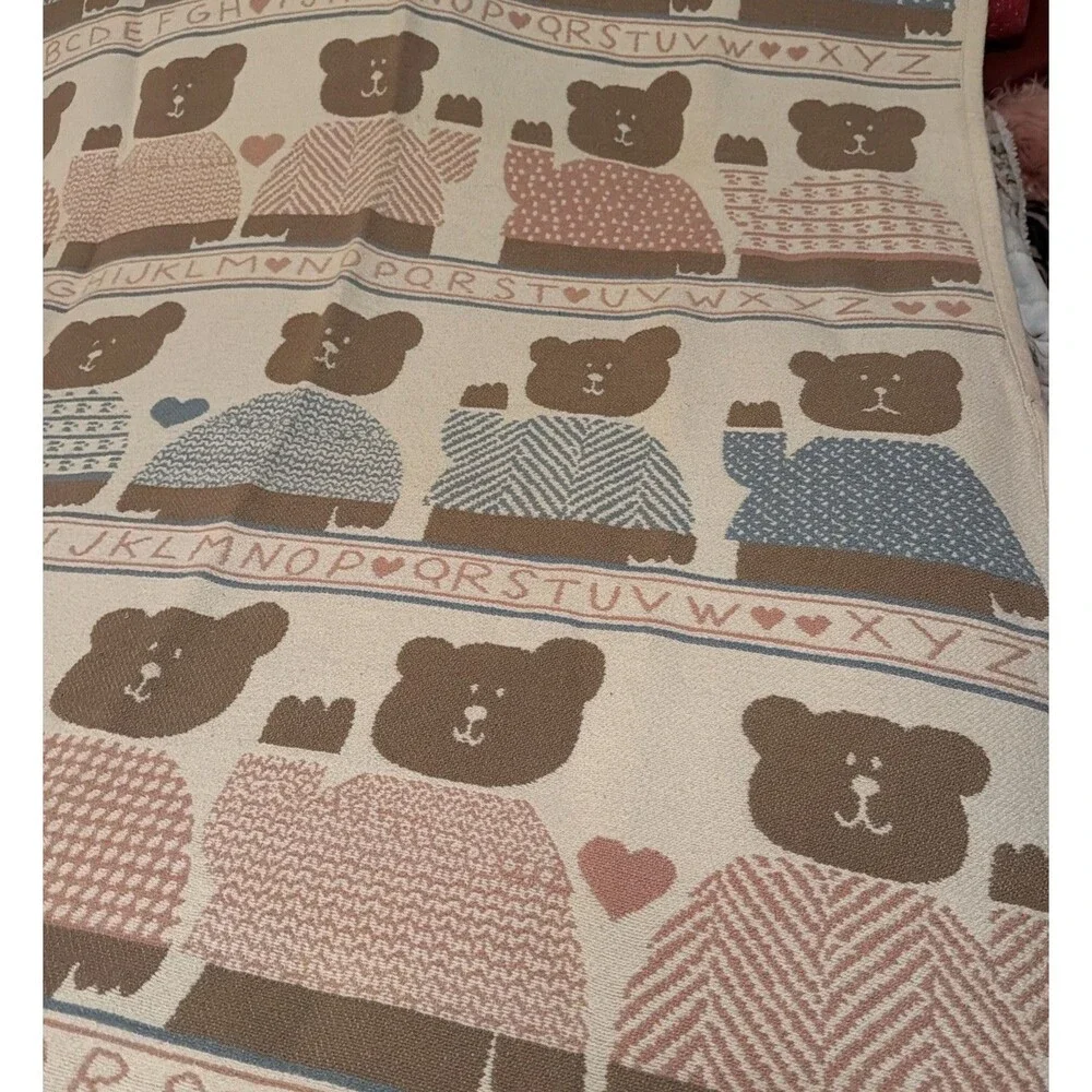 VTG 80s Pat Meyers Bear Alphabet Double Woven 100%Cotton Warm Baby Blanket 48x60